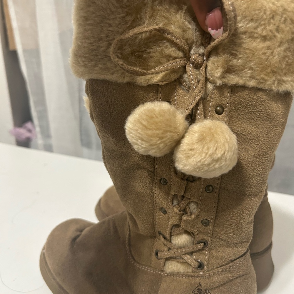 Cozy POLO Tan Fur-Lined Boots with Pom Poms